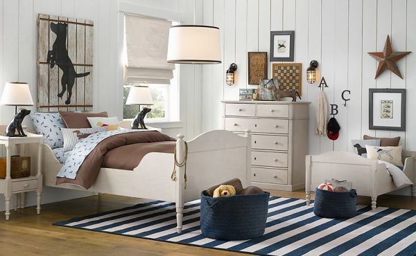 Rustic Country Boys Bedroom Ideas In Blue Plank Wall Striped Carpet